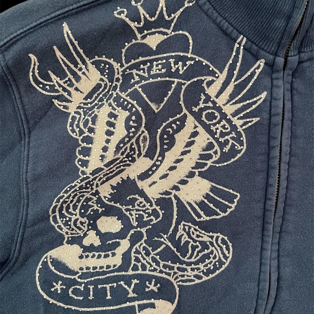 Ed Hardy Glamorous Rhinestones Graphic Label with Tiger Design Zip Up - Picture 5 of 6